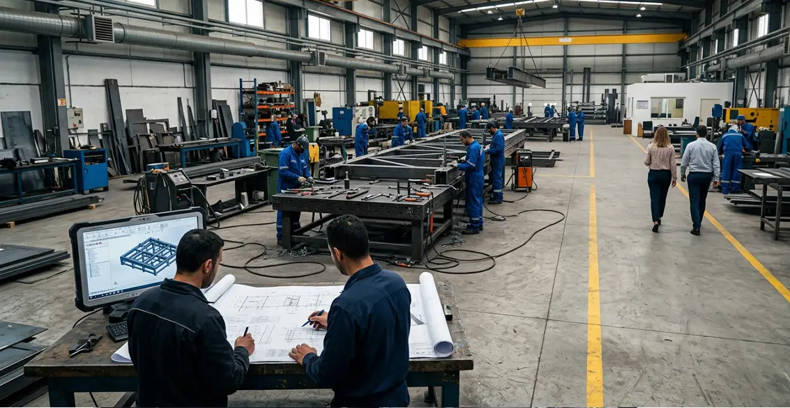 Équipe Design D’Acier spécialisée en ingénierie, conception et fabrication métallique en atelier industriel.